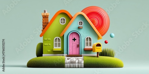 Colorful Cartoon House in Playful 3D Style with Whimsical Design and Pastel Tones