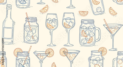 Seamless pattern background with hand-drawn summer cocktails and alcoholic drinks in various glasses.