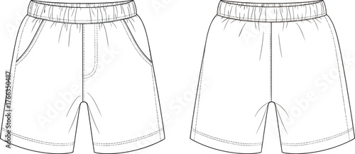 Technical Flat Sketch Vector of Simple Elastic Waistband Shorts with Side Seam Pockets, Front and Back View for Athletic and Casual Fashion Design