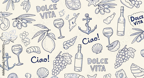 Illustration of Italian food and drink elements, including wine, lemons, and nautical symbols.