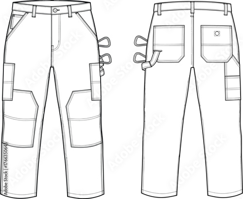 Technical Flat Sketch Vector of Workwear Utility Trousers with Hammer Loops, Reinforced Knees, Multiple Pockets, Front and Back View for Fashion Design
