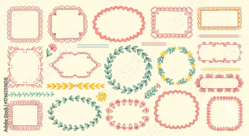 Collection of hand-drawn decorative frames and borders in pastel colors.