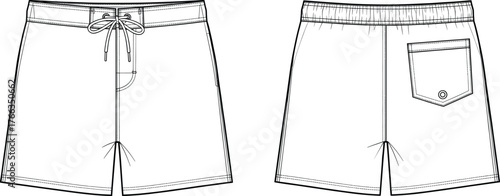 Technical Flat Sketch Vector of Swim Trunks, Board Shorts with Drawstring Front, Elastic Back Waistband, Back Pocket, Front and Back View