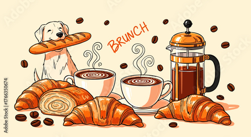 A charming brunch scene featuring croissants, coffee, a French press, and a dog with bread.
