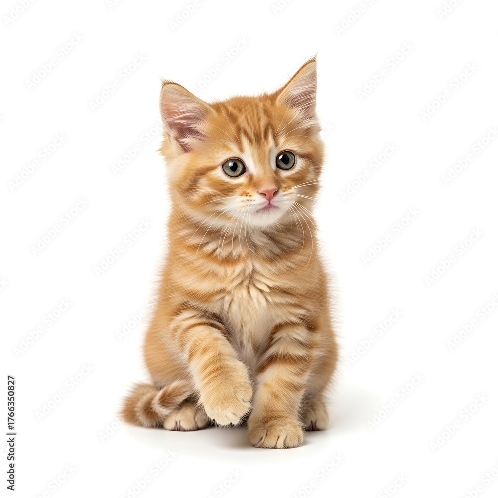 Obraz premium Adorable orange tabby kitten sitting with one paw raised
