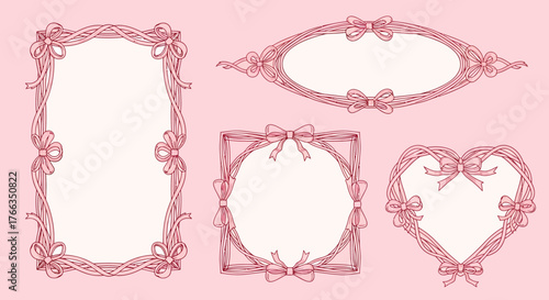 A beautiful collection of hand-drawn pink ribbon frames with bows in various shapes.