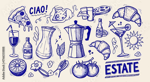 A charming hand-drawn illustration featuring Italian summer delights including pizza, coffee, croissants, and cocktails.