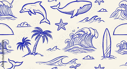 Hand-drawn pattern with ocean elements: waves, palm trees, whale, dolphin, surfboard.