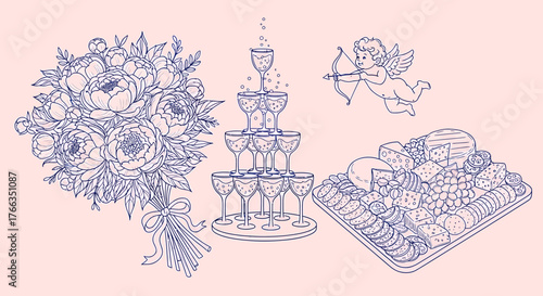 Elegant line art illustration of a wedding or celebration featuring a floral bouquet, champagne tower, cupid, and a lavish food platter.