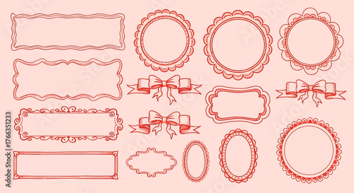 A collection of hand-drawn vintage-style decorative frames and elegant ribbon bows in various shapes and sizes, rendered in a reddish-pink color palette.