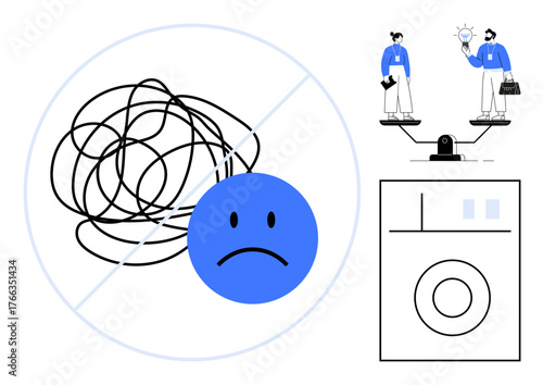 Tangled lines crossed out, sad face, balanced scale with idea-sharing figures, washing machine. Ideal for problem-solving, decision-making, innovation, organization, conflict resolution teamwork