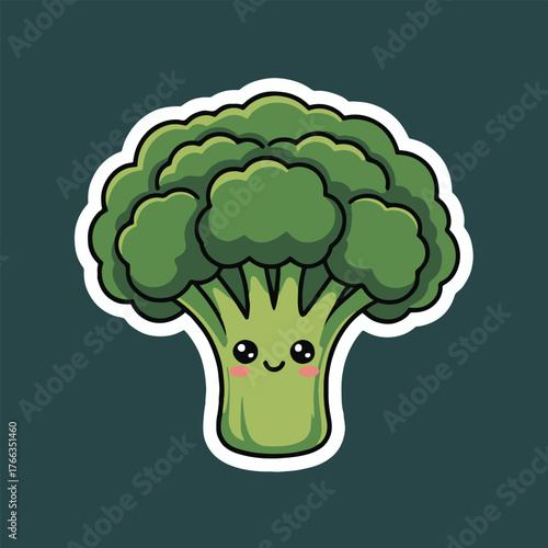 A cartoon broccoli with a cute face and a white outline against a dark teal background color