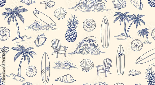 Beach-themed pattern featuring palm trees, surfboards, seashells, waves, and other summer elements.