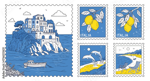 A collection of Italian postage stamps featuring coastal landscapes, cliffside villages, lemon trees, dolphins, and serene beach scenes, all in a distinctive blue, white, and yellow color palette.