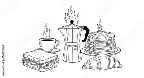 A hand-drawn illustration of a breakfast spread featuring a moka pot, coffee, pancakes, a sandwich, and a croissant.