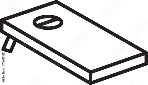 Cornhole board illustration with a hole and supporting leg for outdoor games.
