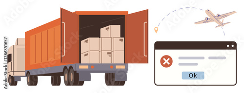 Cargo truck unloading boxes, airplane flying with location pin, error alert pop-up window. Ideal for shipping, logistics, supply chain, delivery, errors e-commerce tracking. Simple flat metaphor