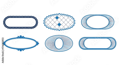 Six oval-shaped frames with intricate designs and patterns in shades of blue, perfect for labels.