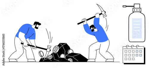 Two men using hammer and pickaxe to break rocks, accompanied by a bottle and calendar, representing labor, perseverance, time management, teamwork, challenges, productivity and commitment. Simple