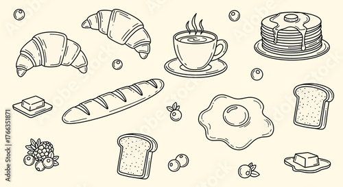 Breakfast food illustration with croissants, coffee, eggs, and pancakes.