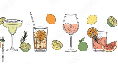 A vibrant illustration of various refreshing cocktails and citrus fruits, perfect for a summer party.