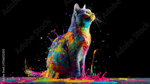 A rainbow-hued cat sits among splashes of paint on a stark black background vibrant and surreal glow!