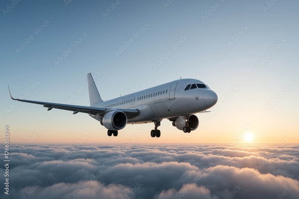 Obraz premium Commercial airplane flying above clouds at sunrise with extended landing gear, showcasing modern air transport concept in dreamy sky atmosphere. Ai generative
