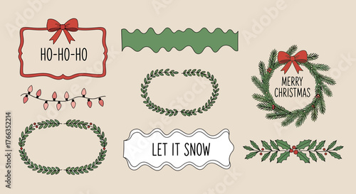A collection of festive Christmas-themed decorative elements including wreaths, garlands, and text banners on a neutral background.