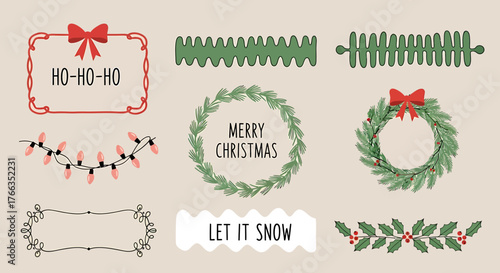 Festive Christmas-themed graphic elements, including wreaths, borders, and holiday text decorations.