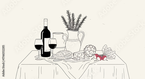A still life illustration featuring a bottle of red wine, two glasses, a pitcher, and various fruits and vegetables on a draped tablecloth.