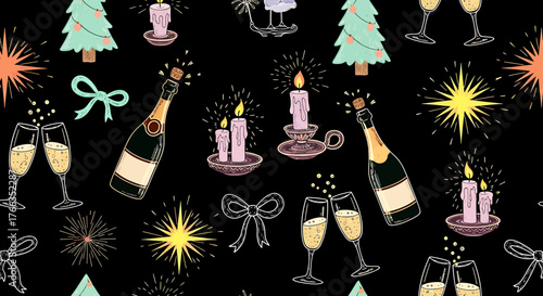 A festive seamless pattern on a black background featuring champagne bottles, toasting flutes, lit candles, Christmas trees, bows, and sparkling bursts, perfect for celebrations.