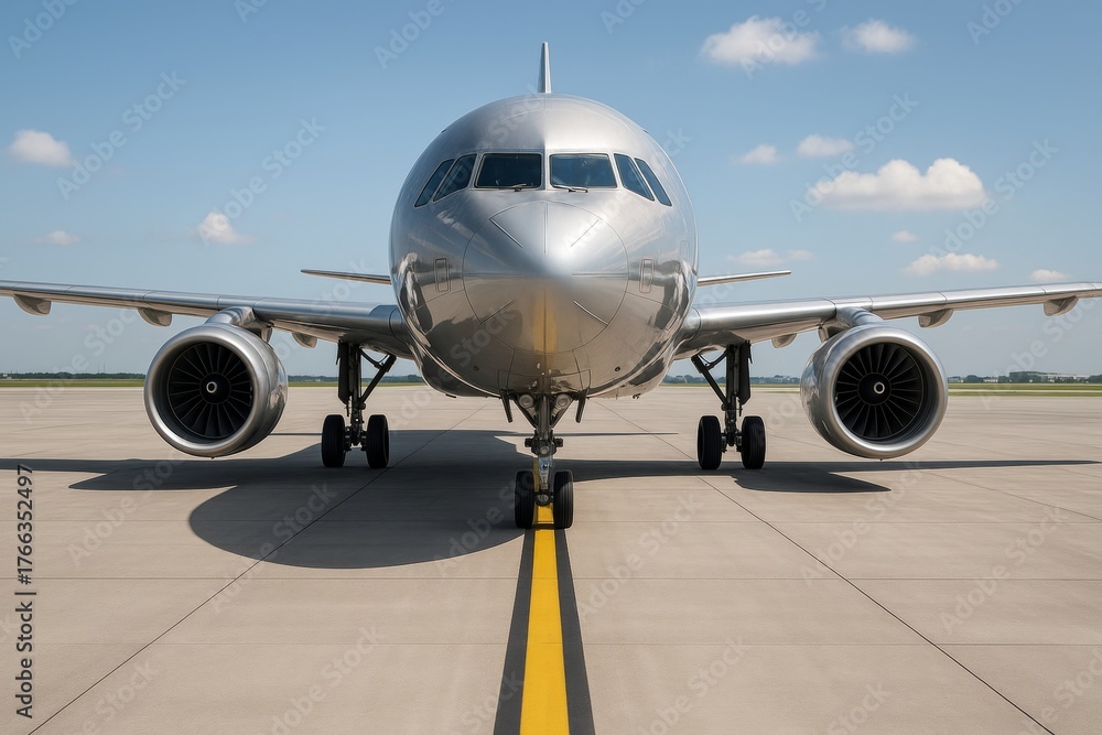 Naklejka premium Front view of modern commercial airplane on runway under clear sky with symmetrical composition and strong transport concept focus. Ai generative