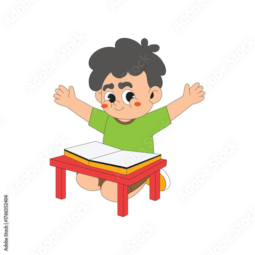 Happy boy reading a book on table character cartoon icon illustration