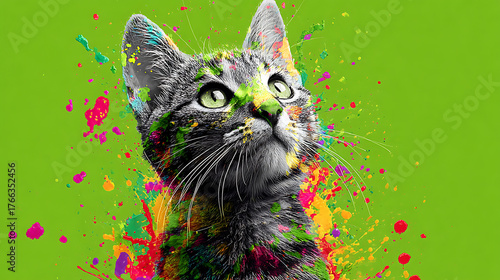 Vivid portrait of a striped cat covered in multicolored paint splatters on a bright green backdrop!!