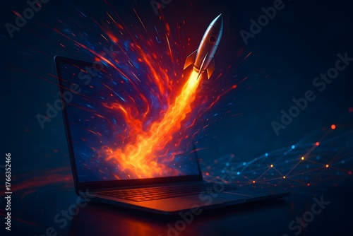 Startup growth concept with rocket launching from laptop digital workspace