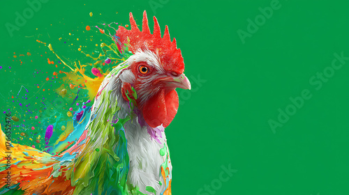 Close-up of a multicolored rainbow chicken against a vivid green background with splashes. In frame