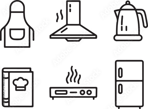 Kitchen appliance icons set cooking symbols chef apron stove hood kettle fridge cookbook vector