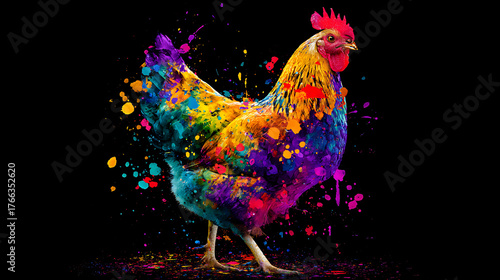 A vibrant rainbow rooster stands on a black background, splashed with colorful paint. Vivid hues on