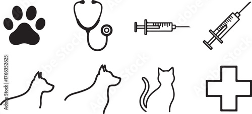Veterinary icons set including paw print stethoscope syringe dog cat and medical cross vector