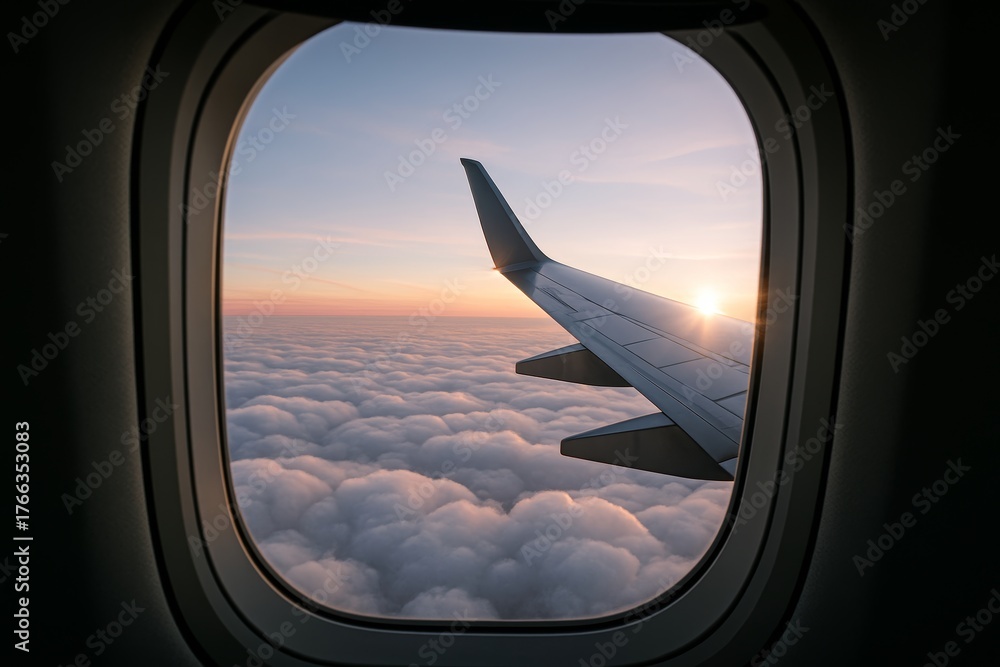 Fototapeta premium Airplane wing view through window during flight above clouds at sunrise showcasing tranquil air travel atmosphere in modern transport concept. Ai generative