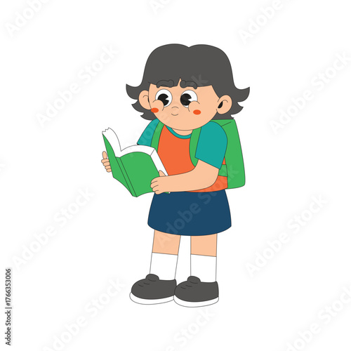 Schoolgirl reading book character cartoon icon illustration