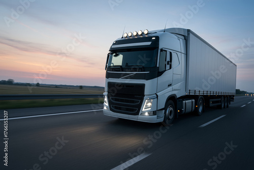 Wallpaper Mural Modern white cargo truck driving on highway during dusk, symbolizing fast and efficient road freight transport concept with scenic countryside backdrop. Ai generative Torontodigital.ca