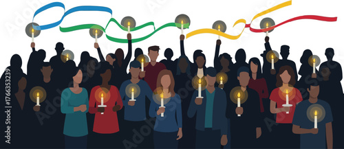 Vector art of diverse group of people holding candles and ribbons in the dark illustration