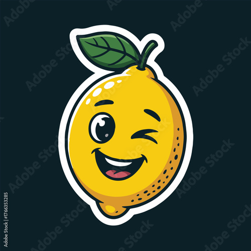 A cartoon lemon with a winking eye and a big smile on a dark background with a white outline around it