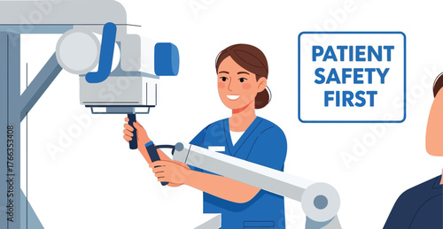Vector art of medical professional operating xray machine with patient safety first sign