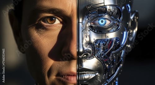 Duality of Humanity and AI: Split Portrait of a Human Face and a Robotic Face with a Glowing Eye, Symbolizing Transhumanism and the Future of Technology