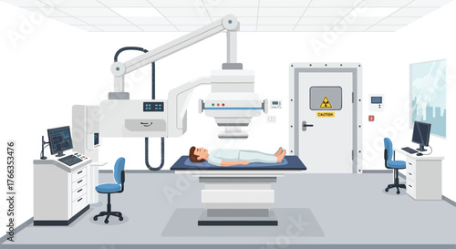 Vector art of medical imaging room with patient undergoing xray scan for diagnosis