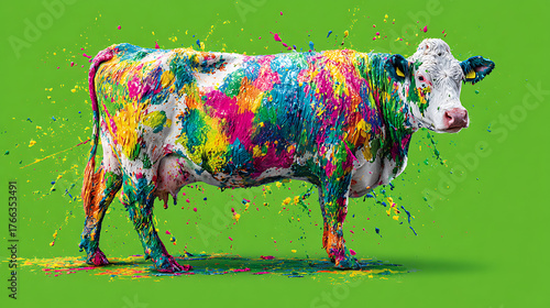 A cow covered in vibrant multicolor paint stands against a bright green background. Colorful splash art