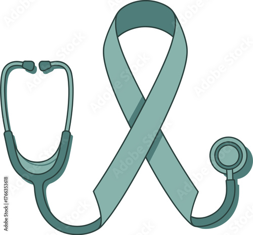 Vector art of stethoscope and ribbon symbol for medical awareness, hope and support, teal background