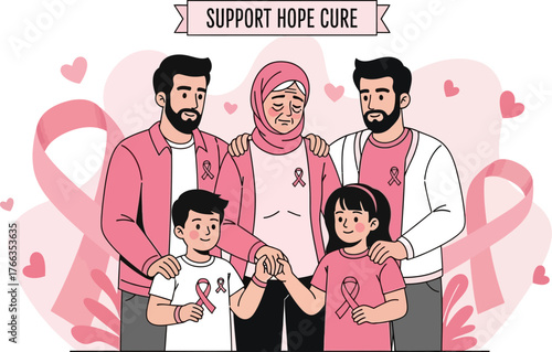 Vector art of family supporting breast cancer awareness, hope, cure, pink ribbon